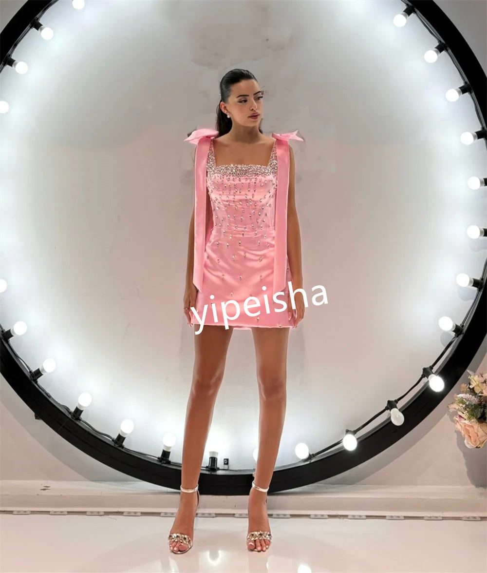 Customized Exquisite Bow Pleat Rhinestone A-line Square Neck Short Dresses Quinceanera  Matching Intricate Sizes Available Spark