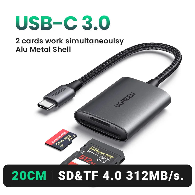 UGREEN Card Reader SD4.0 312MB/s USB-C to SD MicroSD TF Memory Card Adapter for Laptop PC OTG Phone iPhone MacBook Windows macOS