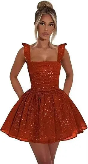 Sexy Tulle Homecoming Dress 2026 with Flutter Straps Square Neck A-Line Short Prom Dress Sparkly for Teens Graduation Mini Dress
