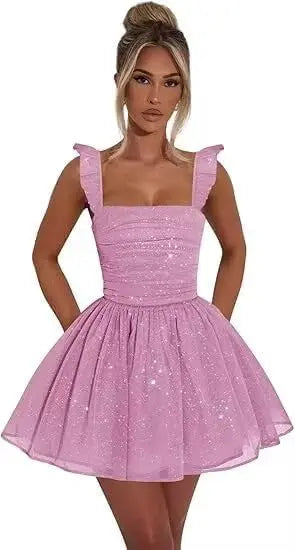 Sexy Tulle Homecoming Dress 2026 with Flutter Straps Square Neck A-Line Short Prom Dress Sparkly for Teens Graduation Mini Dress