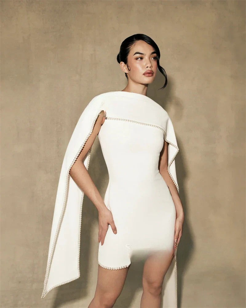 MIG & MIK STYLE™ Elegant Pearl Shawl Mini Wedding Dress