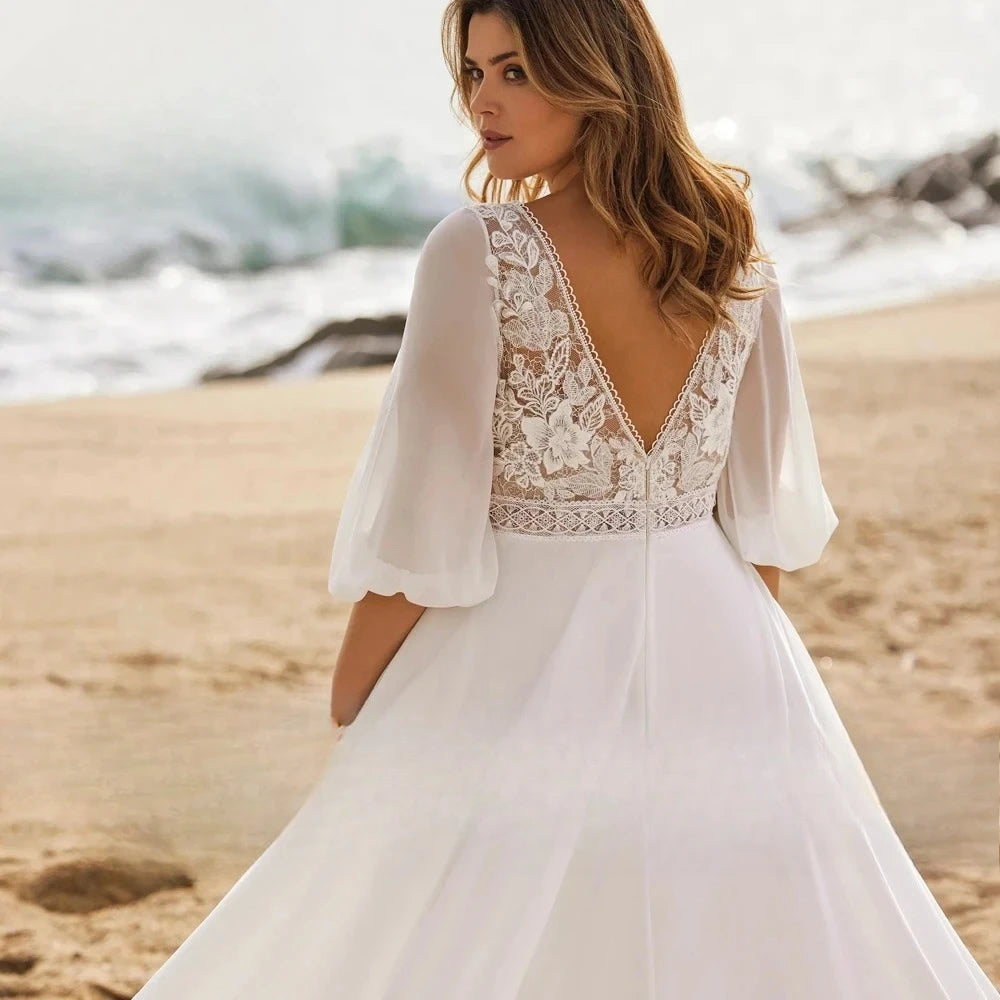 Wedding Dresses Plus Size Customized 3/4 Sleeve Bride Gown with Lace Applique A-Line Sweep Train فستان حفلات