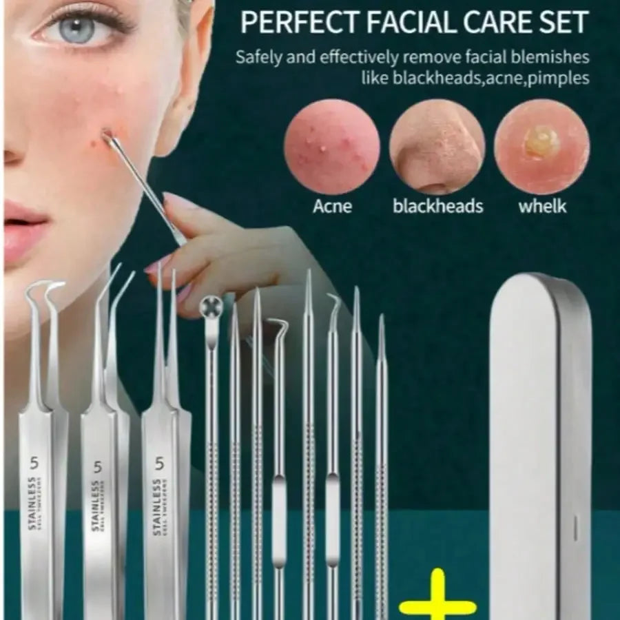 8Pcs Stainless Steel Acne Removal Tool Set  Blackhead Tweezers & Pimple Needle Kit With Storage Case