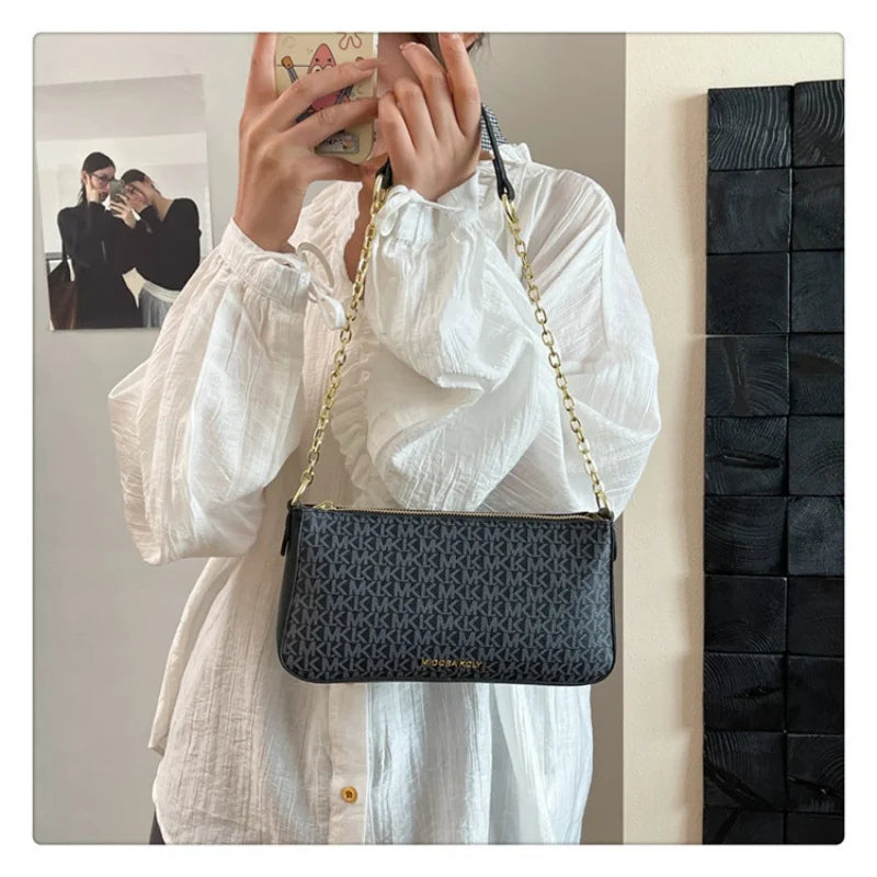 Sleek Monogram Print Handbag, Timeless Chain Strap Design with Clean, Modern Lines Polished Patterned Shoulder Bag