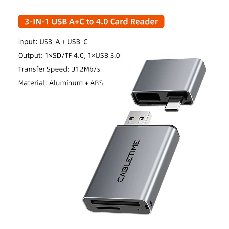 CABLETIME 3 IN 1 Card Reader USB 4.0 5Gbps USB A & USB C 312MB/s Aluminum Alloy SD/TF Cards Portable for iPhone iPad