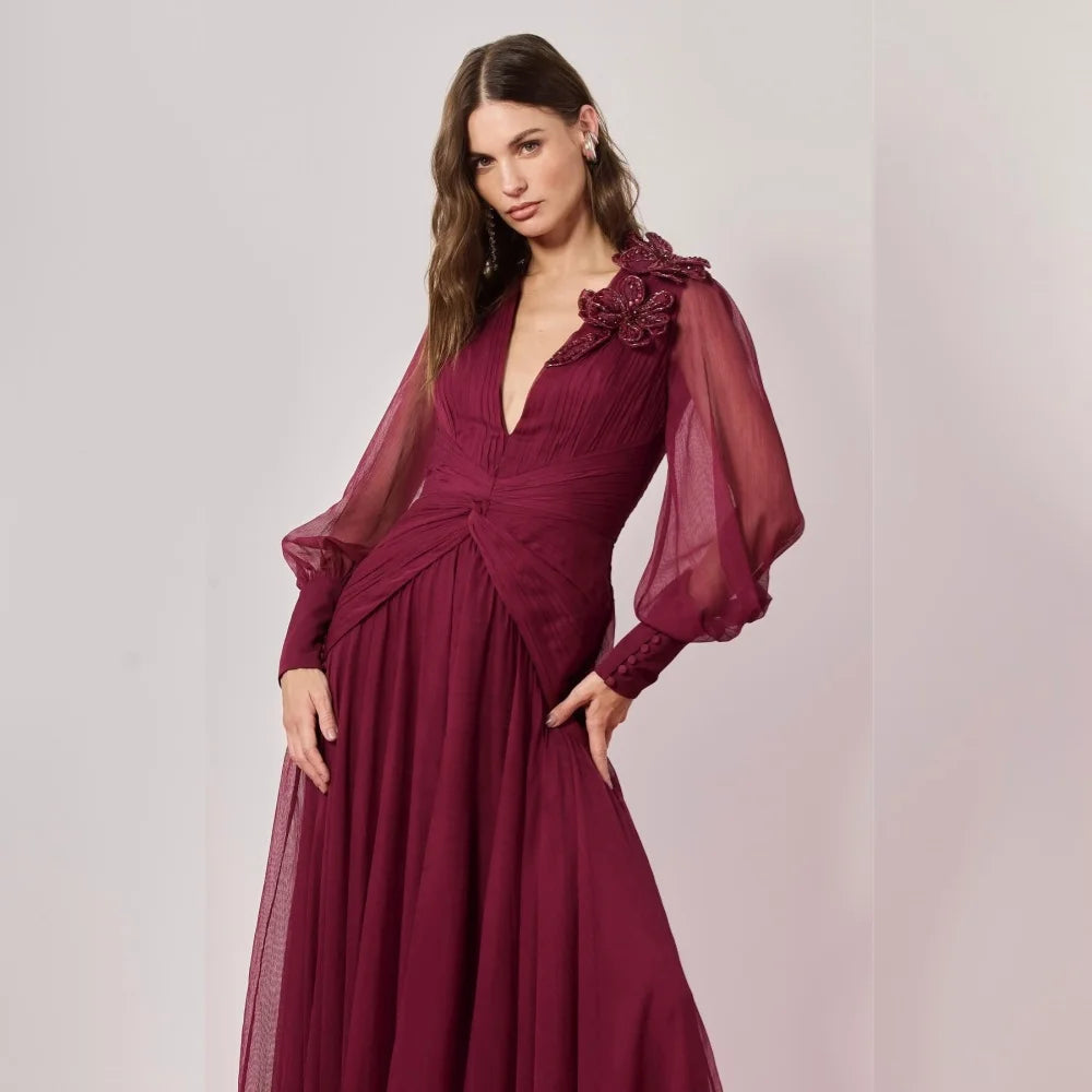 Customized Chiffon Applique Button A-line V-neck Midi Dresses Bespoke Occasion Prom Casual Simple Sizes Available