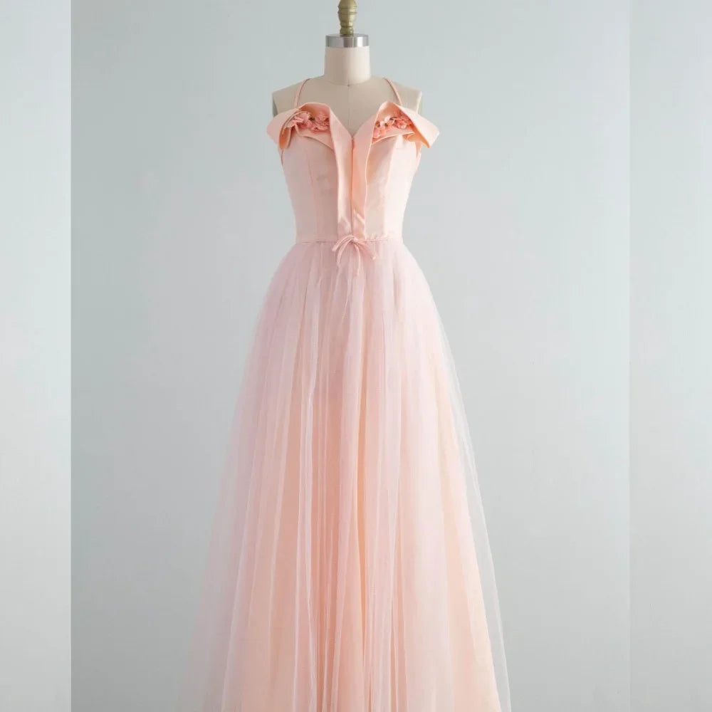 Customized Tulle Flower Ruched Wedding Party A-line V-neck Bespoke Occasion Gown Long Dresses