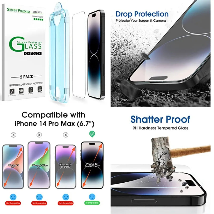Uto-Lignmnt Ontouh or Iphon 14 Pro Mx [6.7''] Screen Protector, Tempered Glass, 30 Seconds Installation, Ul R, S Rinly, Anti-Scratch 2 Pk