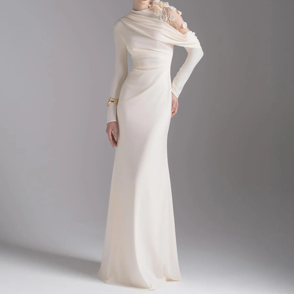 Customized A-line Evening Dresses Floor-length High-neck Full Sleeve Prom Gown Fashion Flowers Simple Draped Casual Party Gown