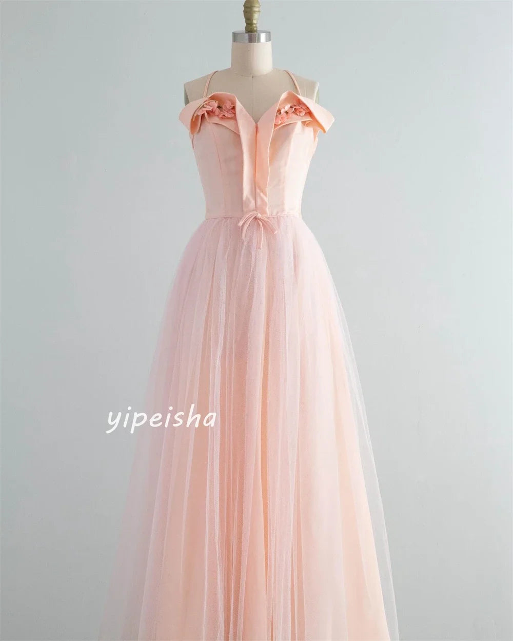 Customized Tulle Flower Ruched Wedding Party A-line V-neck Bespoke Occasion Gown Long Dresses