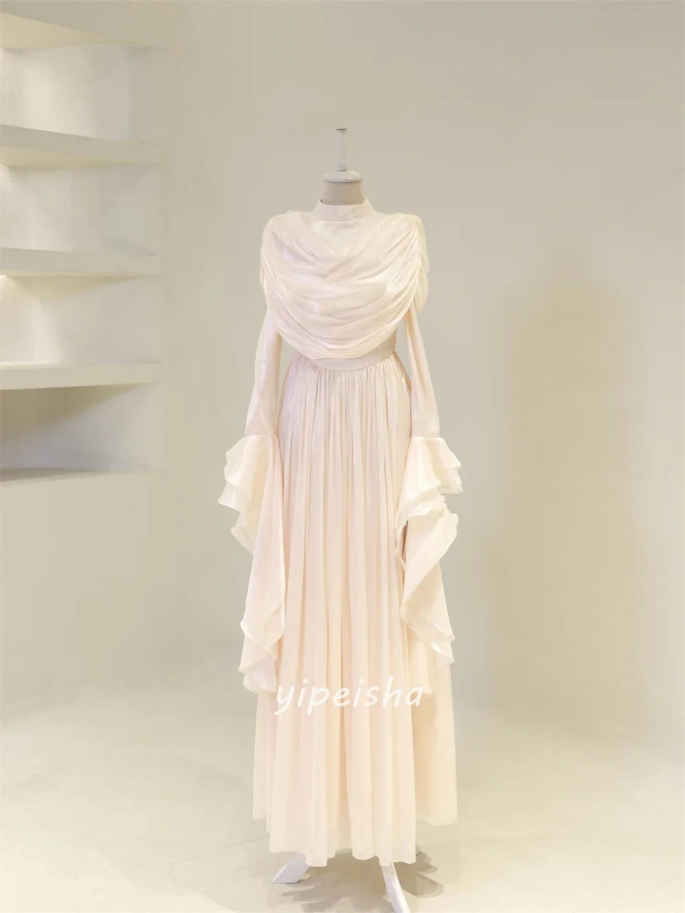 Customized High Quality Fashion Chiffon Ruched Pleat Straight High Collar Long Dresses Bespoke Occasion Dresses Matching Formal
