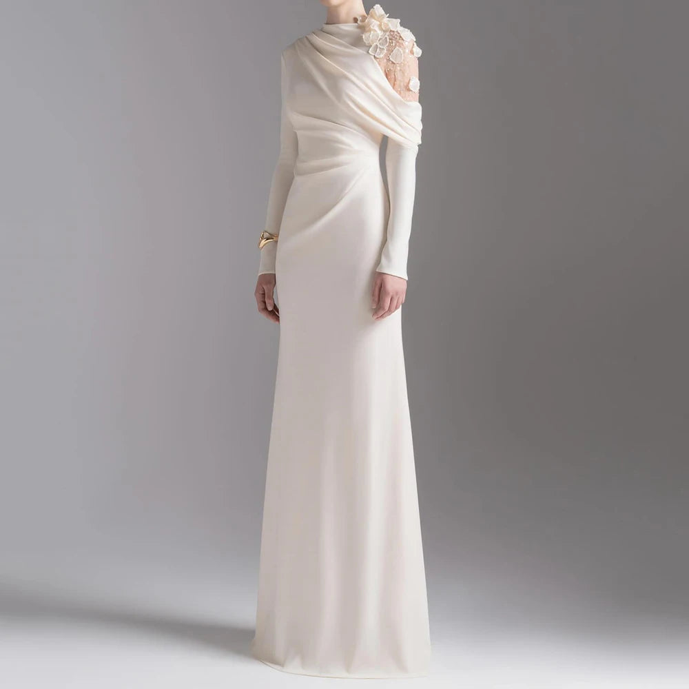 Customized A-line Evening Dresses Floor-length High-neck Full Sleeve Prom Gown Fashion Flowers Simple Draped Casual Party Gown