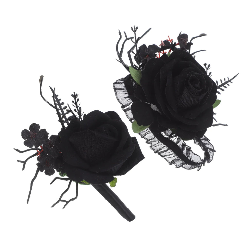 Artificial Black Rose Gothic Bridal Wrist Corsage Boutonniere Set Black Wedding Flower Set Groom Bride Wristlets