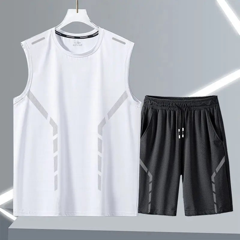 Men's Ice Silk Mesh 2-Piece Sleeveless T-Shirt and Shorts Casual Summer Set