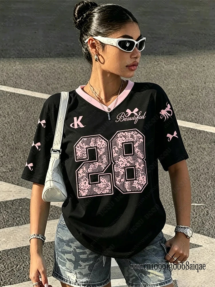 2026 Summer Black Speed 23 Printed T-Shirt For Women V-Neck Short Sleeve Sports Football Jersey Y2K Loose Oversized Tops