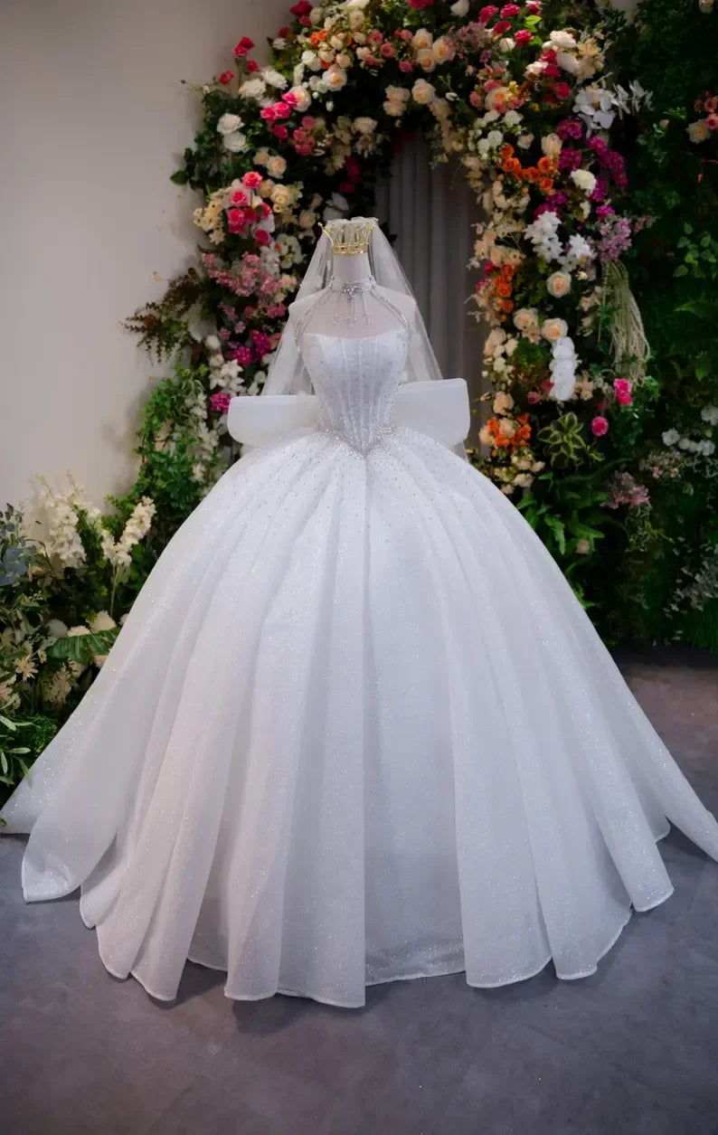 Luxurious A-Line Rhinestone Princess Wedding Dress Sexy Sleeveless Off Shoulder Waist Cinched Church Bridal Gown Customized