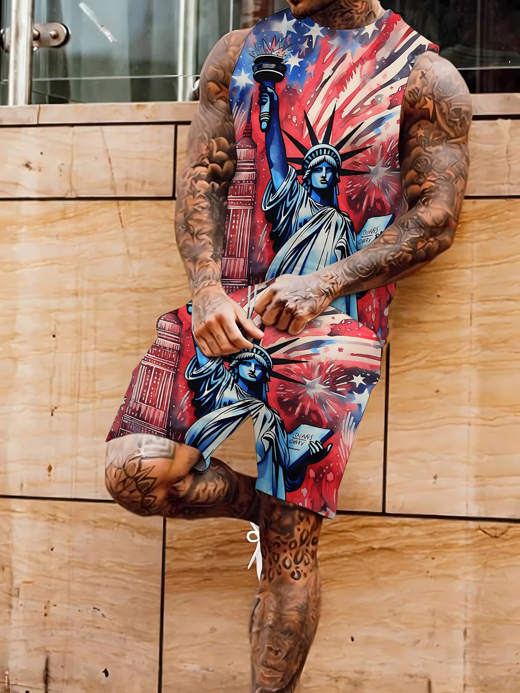 Men's V-Neck Tank Top and Shorts Set Lightweight Polyester Homewear Vacation Outfit Standard Fit