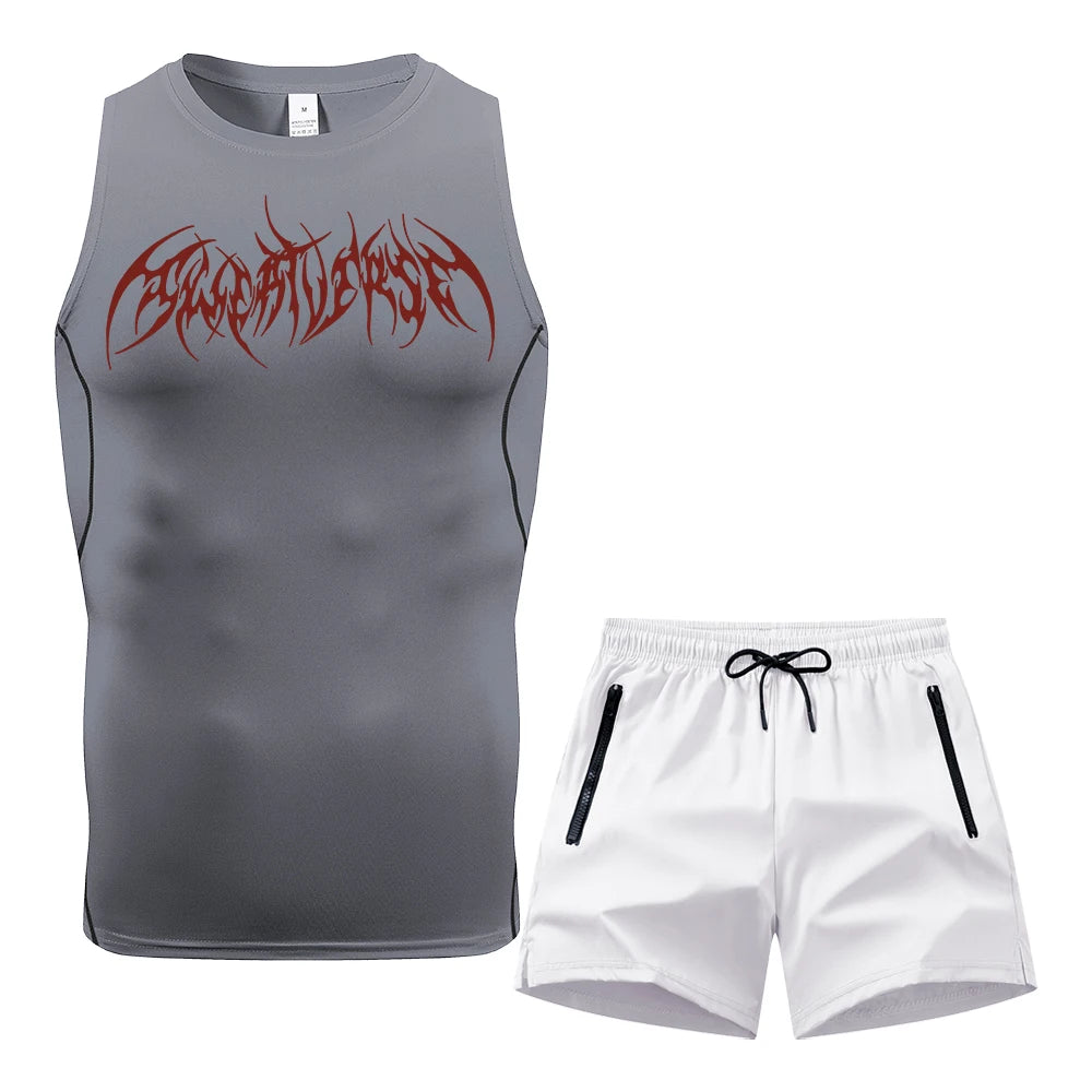 Men Compression Training Set Sleeveless Tank Top Wing Spiky Text Print Double Zipper Pocket Shorts Quick Dry Athletic Gym Suit