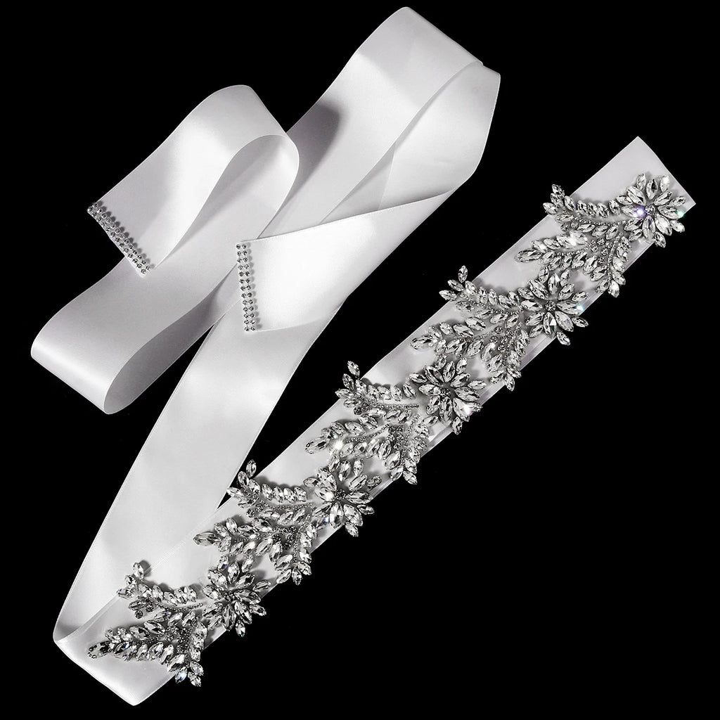 Luxury 41.5cm Rhinestone Wedding Belt High Quality Crystal Bridal Sash Silver Flower Applique for Evening Party Gown Prom Dress