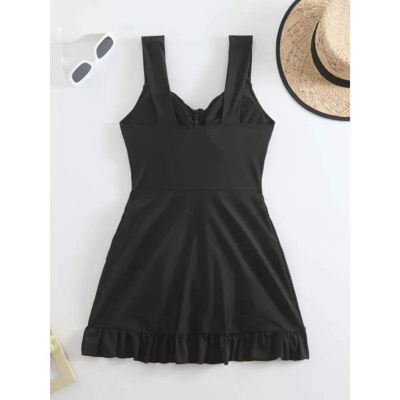 Women Swimsuit Tummy Control Modest Swimwear Solid Black High Waist Front Tie Ruffle Trim Bathing Suit with Flared Skirt