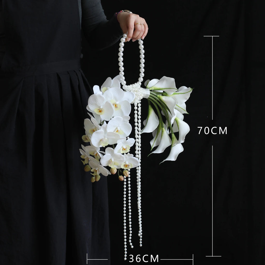 White  Orchid Pearl Bridal Bouquet Artificial Flower Handheld Wedding Photography Studio Props Fashion  Design