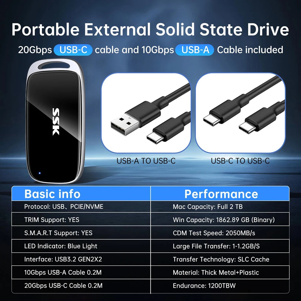 SSK External Hard Drive Portable SSD Drive Up To 2000 MB/s USB 3.2 External Solid State Drives for iPhone Mac Laptops with LED