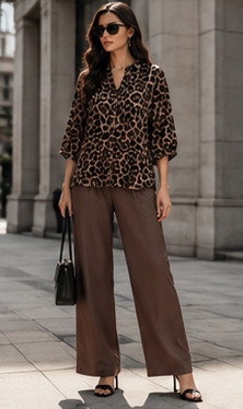 Chic Printed Short Sleeve Co-Ord Set – Women’s O-Neck Top & Wide Leg Pants Outfit