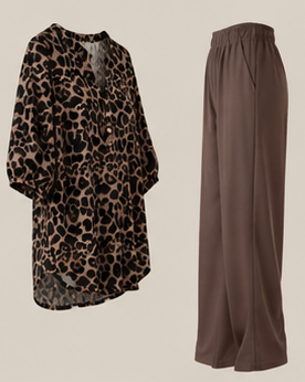 Chic Printed Short Sleeve Co-Ord Set – Women’s O-Neck Top & Wide Leg Pants Outfit