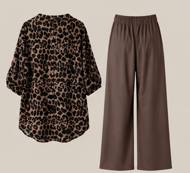 Chic Printed Short Sleeve Co-Ord Set – Women’s O-Neck Top & Wide Leg Pants Outfit