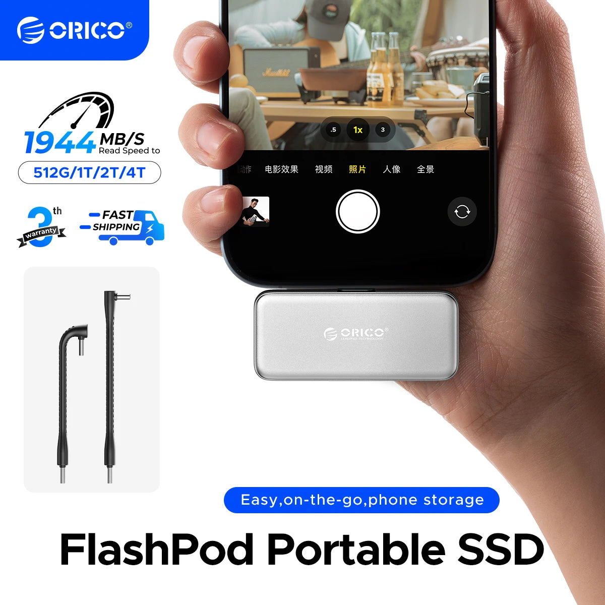 ORICO FlashPod 1TB MINI Magnetic Portable SSD Up to 2000MB/s ProRes with Direct Plug for iPhone 15 16 Series, Tablets, Laptop