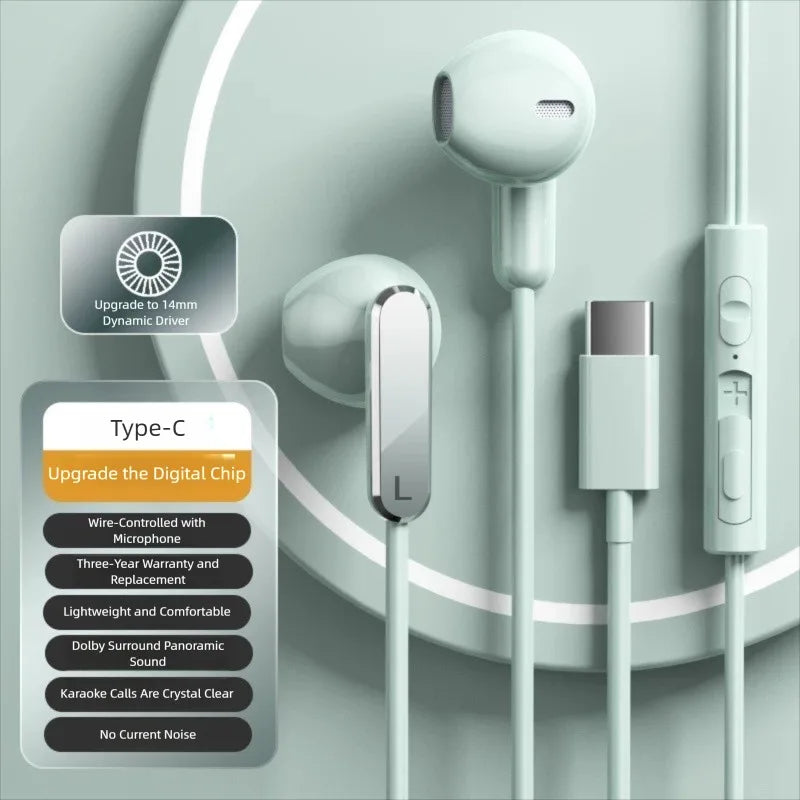 USB Type C Headphones HiFi Bass Stereo Volume Control Wired Earphones 3.5mm Gaming Headsets For iPhone 17 Samsung Galaxy XiaoMi