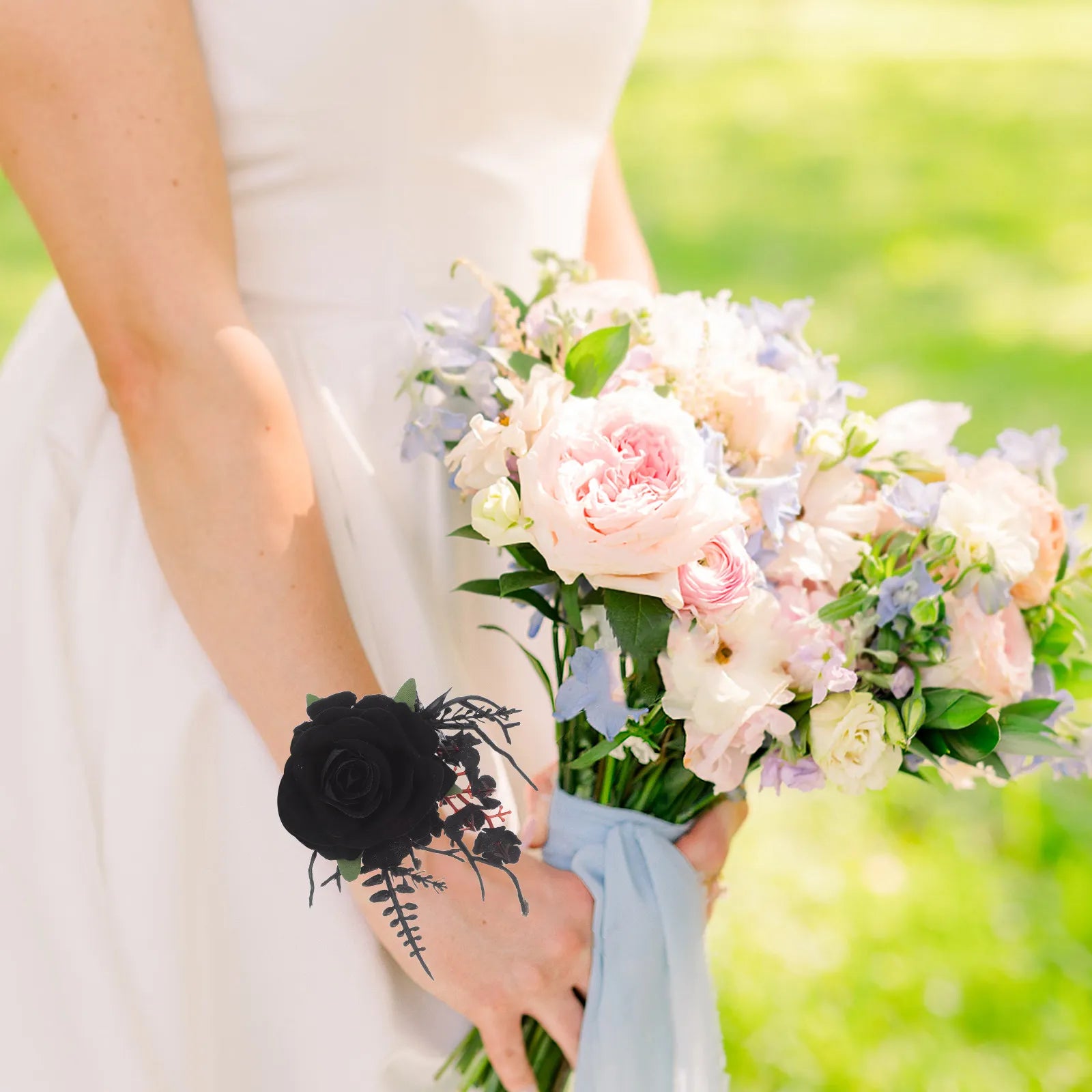 Artificial Black Rose Gothic Bridal Wrist Corsage Boutonniere Set Black Wedding Flower Set Groom Bride Wristlets
