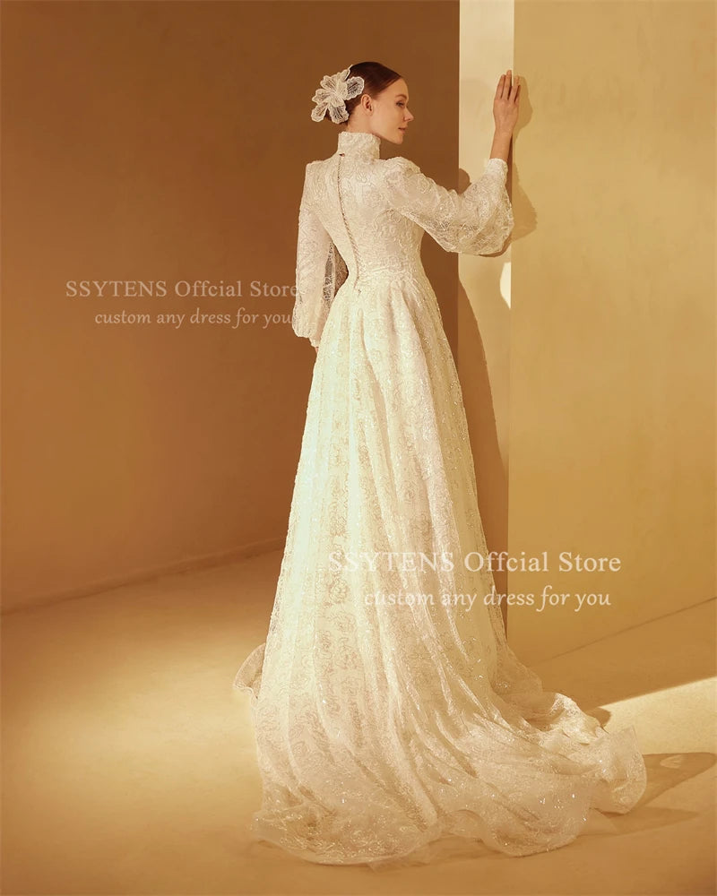 SSYTENS Glitter Sequined Full Lace Wedding Dresses High Neck Bride Dresses Women Long Bridal Gowns vestidos de novia Customized
