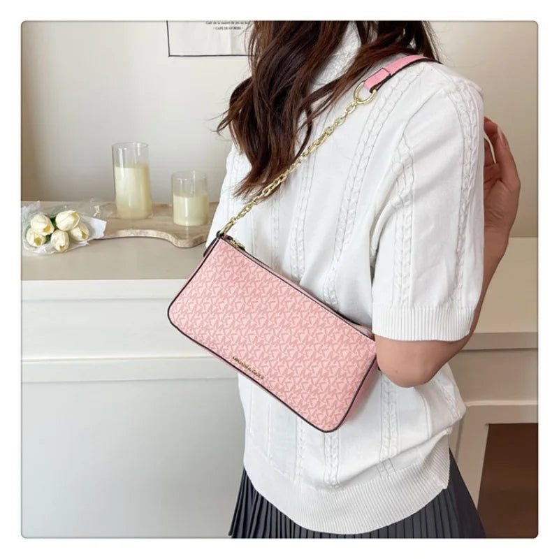 Sleek Monogram Print Handbag, Timeless Chain Strap Design with Clean, Modern Lines Polished Patterned Shoulder Bag