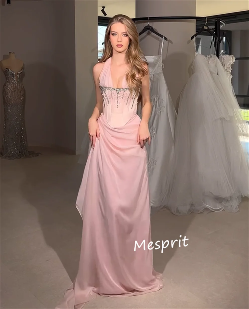 Customized Exquisite Chiffon Sequined Pattern A-line Halter Long Dresses Bespoke Occasion Dresses Intricate