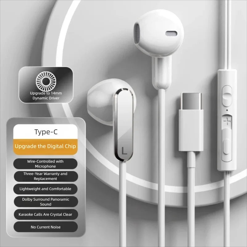 USB Type C Headphones HiFi Bass Stereo Volume Control Wired Earphones 3.5mm Gaming Headsets For iPhone 17 Samsung Galaxy XiaoMi