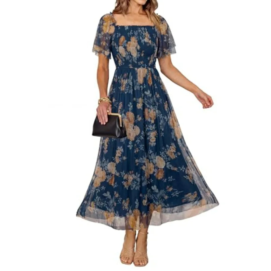 Simplee Womens Floral Maxi Dresses 2026 Summer Square Neck Mesh Short Sleeve Smocked Boho Flowy Wedding Guest Dress