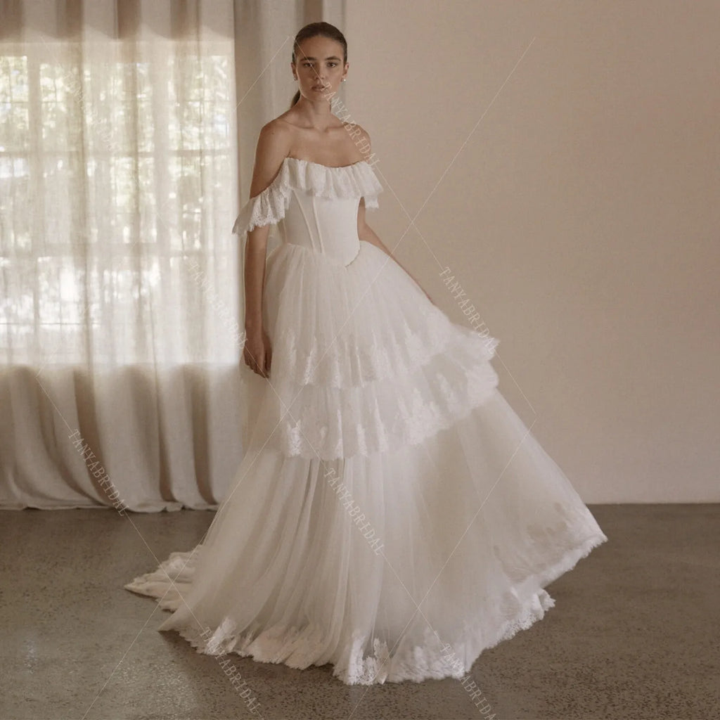 Romantic Lace And Tulle Wedding Dress A Line Off The Shoulder Sweep Train Elegant Bridal Gown Customized