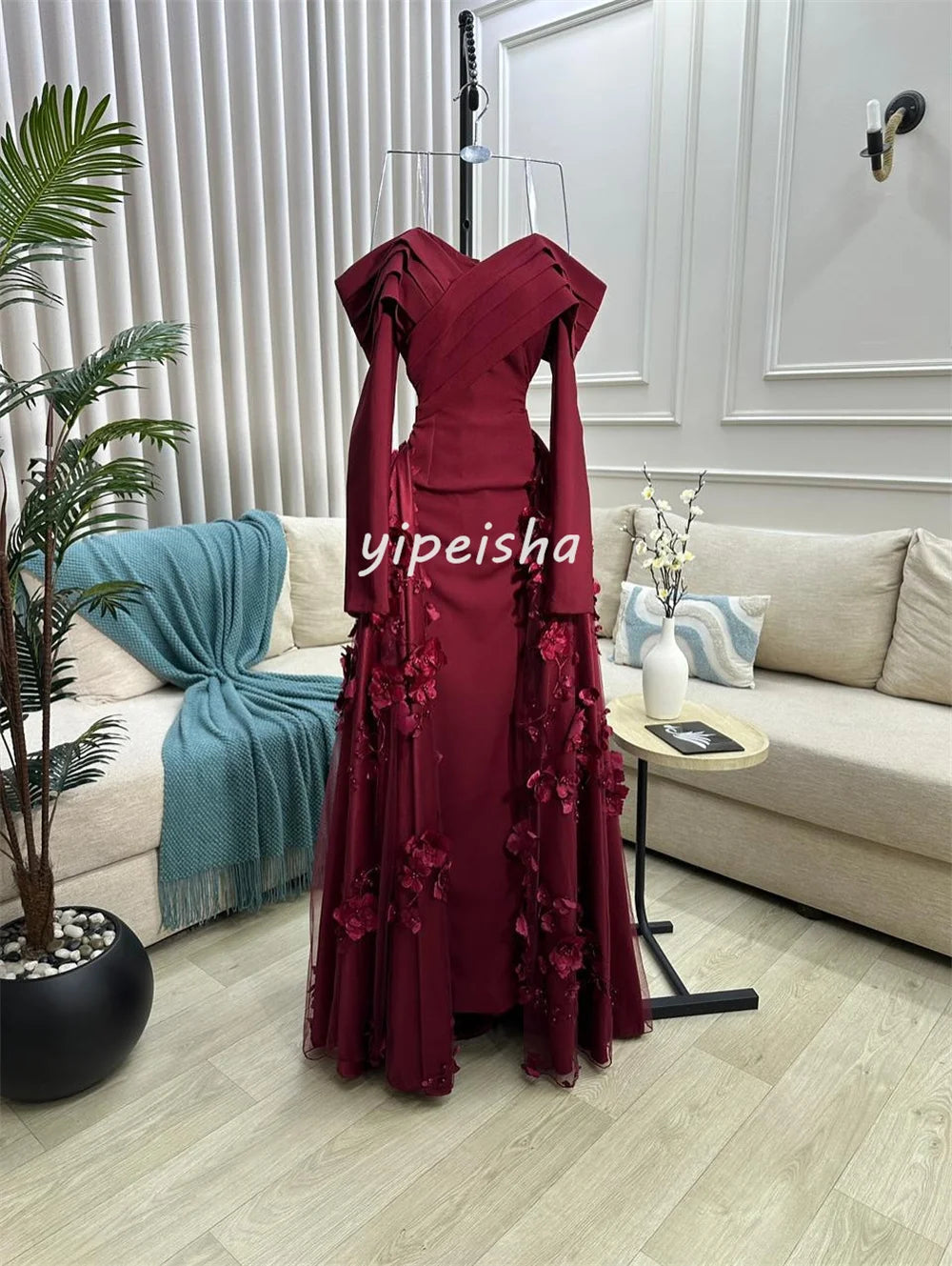 Customized Intricate Jersey Handmade Flower Beading Draped A-line Off-the-shoulder Long Dresses Bespoke Occasion Dresses Formal