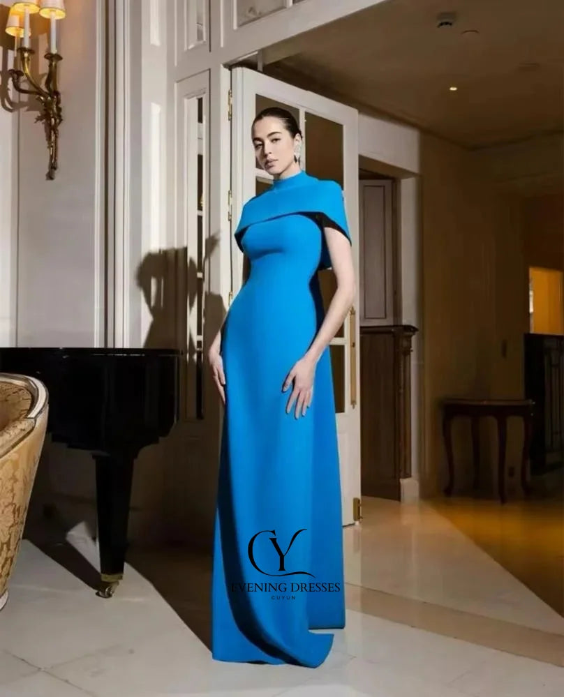 CUYUN Customized Blue Evening Jersey Draped Button Birthday A-line High Collar Bespoke Occasion Gown Long Dresses