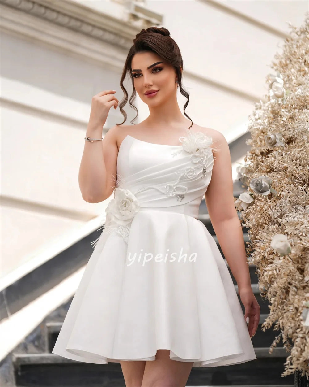Customized High Quality Classic Handmade Flower Feather A-line Strapless Mini Dresses Bespoke Occasion Dresses Sizes Available