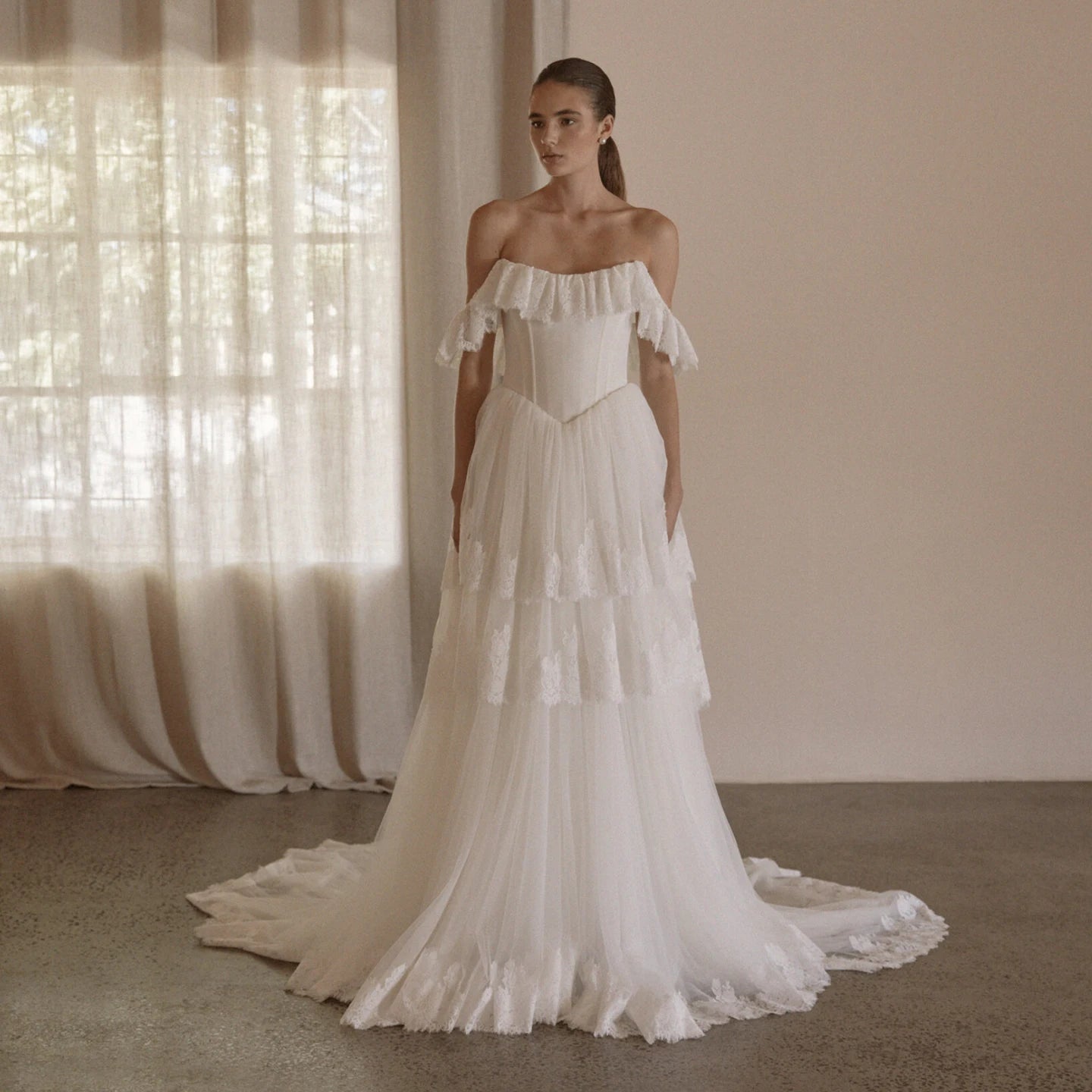 MIG & MIK STYLE™ Romantic Off-Shoulder Lace & Tulle A-Line Wedding Gown