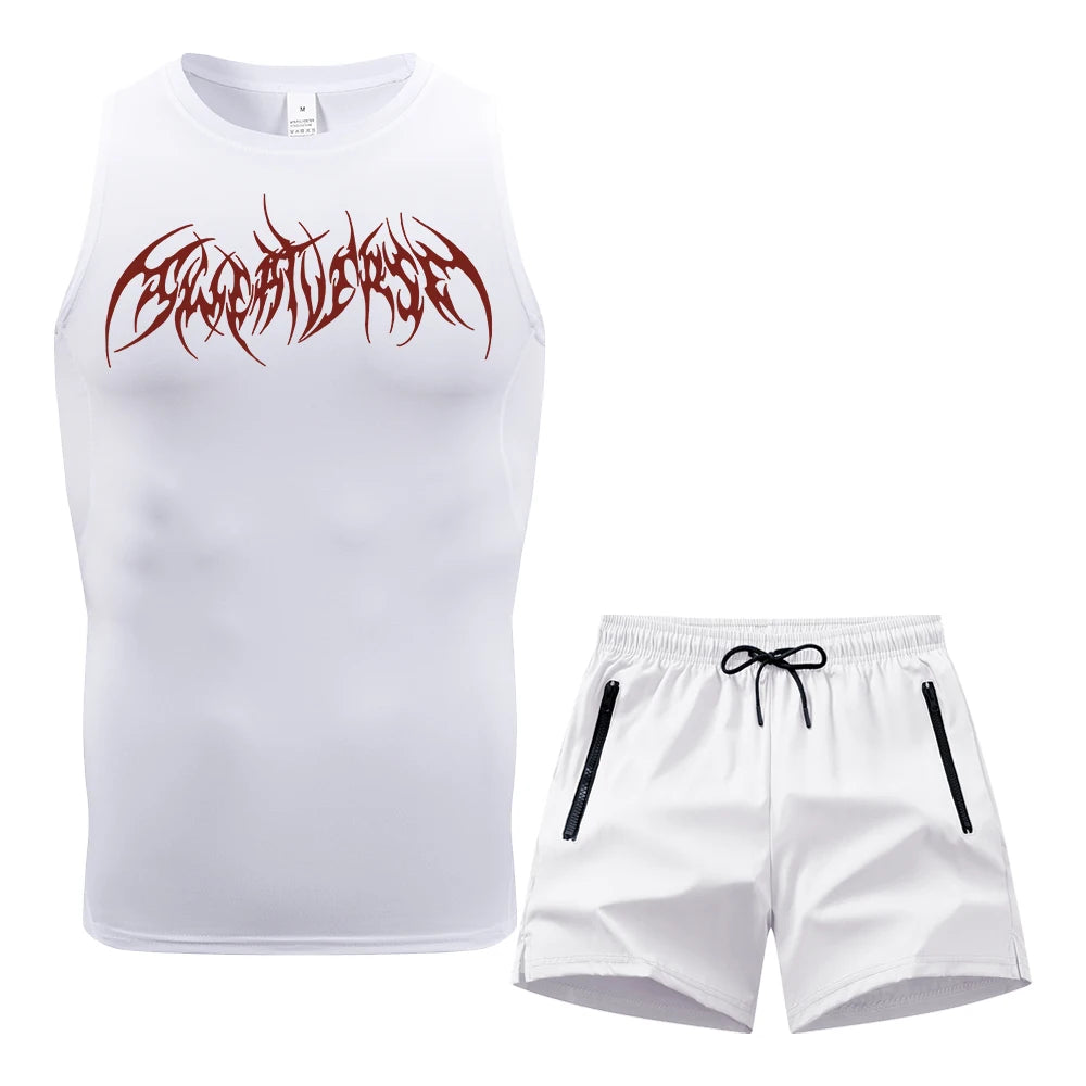 Men Compression Training Set Sleeveless Tank Top Wing Spiky Text Print Double Zipper Pocket Shorts Quick Dry Athletic Gym Suit