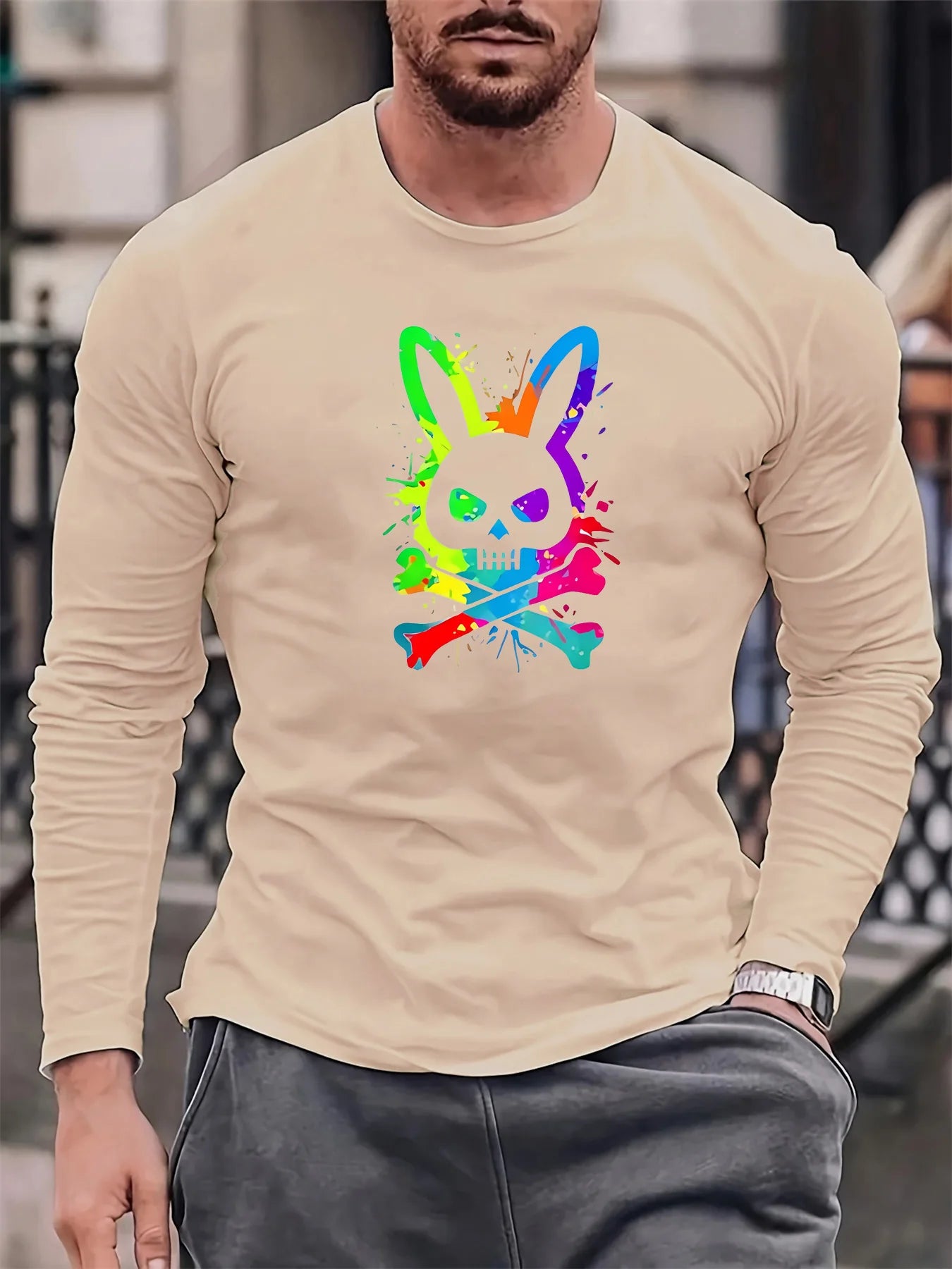 100% Pure Cotton Men's Long Sleeved Round Neck Loose Motorcycle Tpattern Printed Spring and Autumn Casual Versatile T-Shirt Top