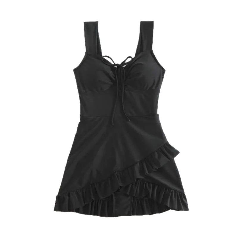 Women Swimsuit Tummy Control Modest Swimwear Solid Black High Waist Front Tie Ruffle Trim Bathing Suit with Flared Skirt