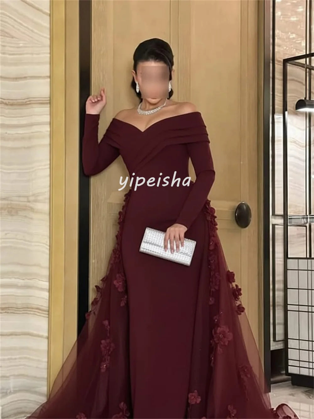 Customized Intricate Jersey Handmade Flower Beading Draped A-line Off-the-shoulder Long Dresses Bespoke Occasion Dresses Formal