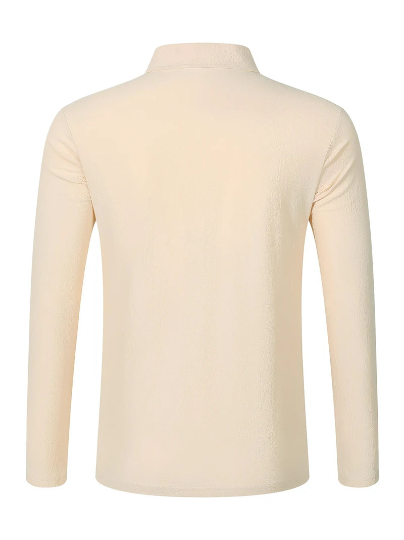 Men's Linen Blend Long Sleeve Polo Shirt with Chest Patch Breathable Lapel Collar Button Placket Casual Tops for Spring Fall