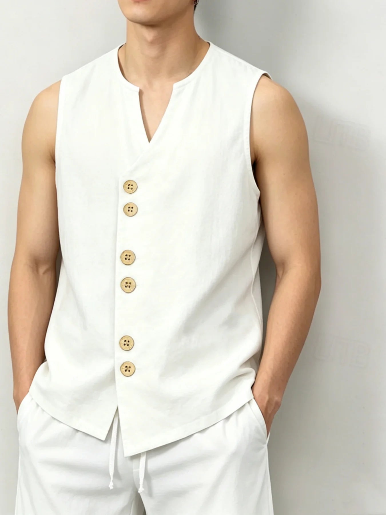 Men's Linen-Look V-Neck Button Sleeveless Top & Drawstring Shorts 2-Piece Set, Breathable Casual Summer Vacation Outfit