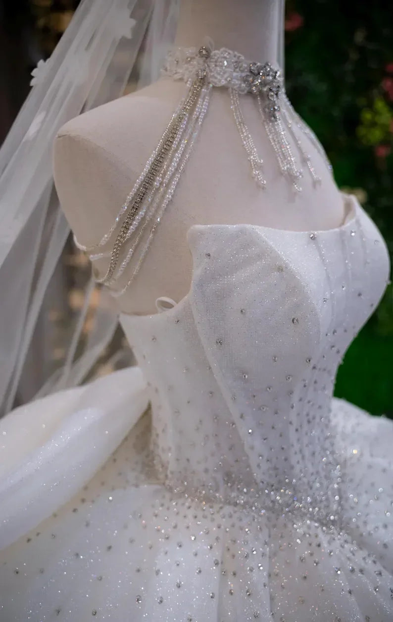 Luxurious A-Line Rhinestone Princess Wedding Dress Sexy Sleeveless Off Shoulder Waist Cinched Church Bridal Gown Customized