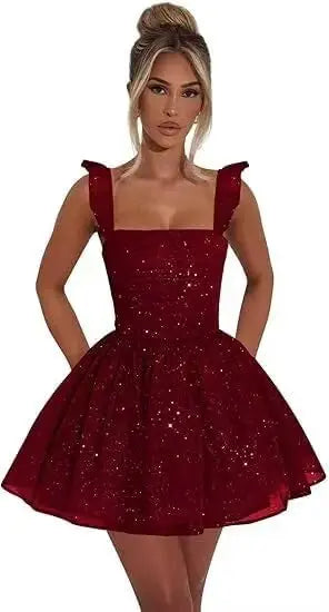 Sexy Tulle Homecoming Dress 2026 with Flutter Straps Square Neck A-Line Short Prom Dress Sparkly for Teens Graduation Mini Dress
